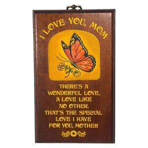 Vintage 1978 Wallace Berrie Mom Plaque Butterfly Wood Sign Mother Gift Decor
